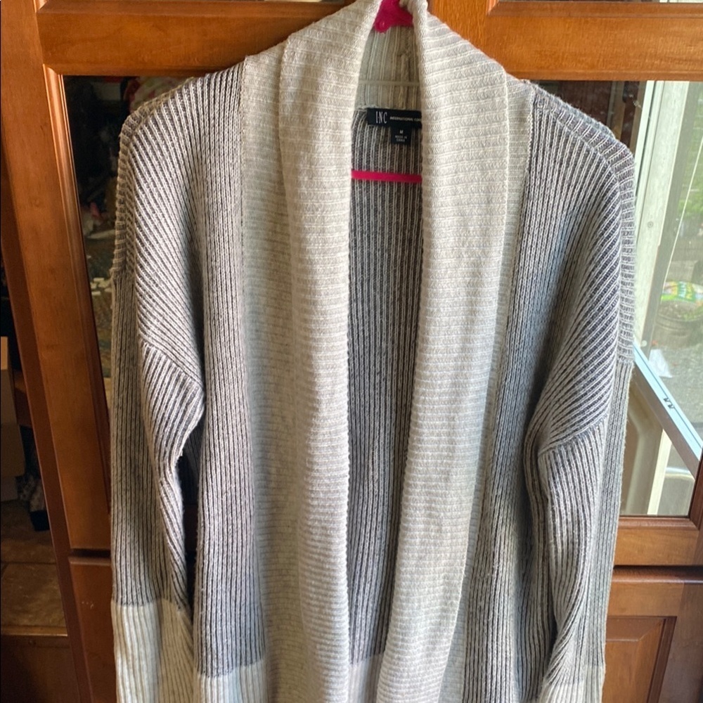 Chic Gray and Cream Open Front Ribbed Chunky Knit Wool Blend Cardigan Spring
